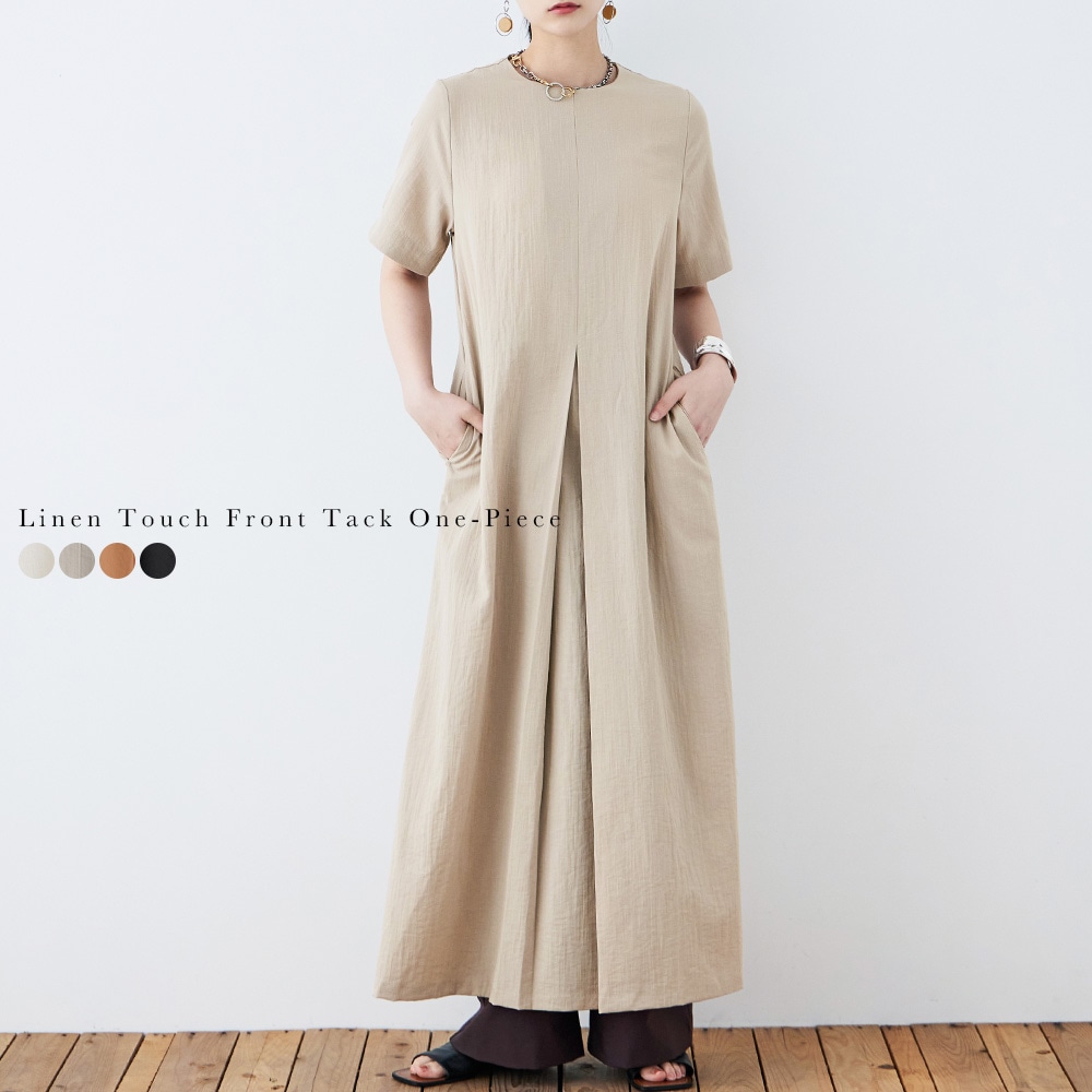 リネンタッチ フロントタックマキシワンピース ドレス ロング丈 ワンピース リゾート フェス キャンプ 無地 ナチュラル 半袖 袖あり 5,544円