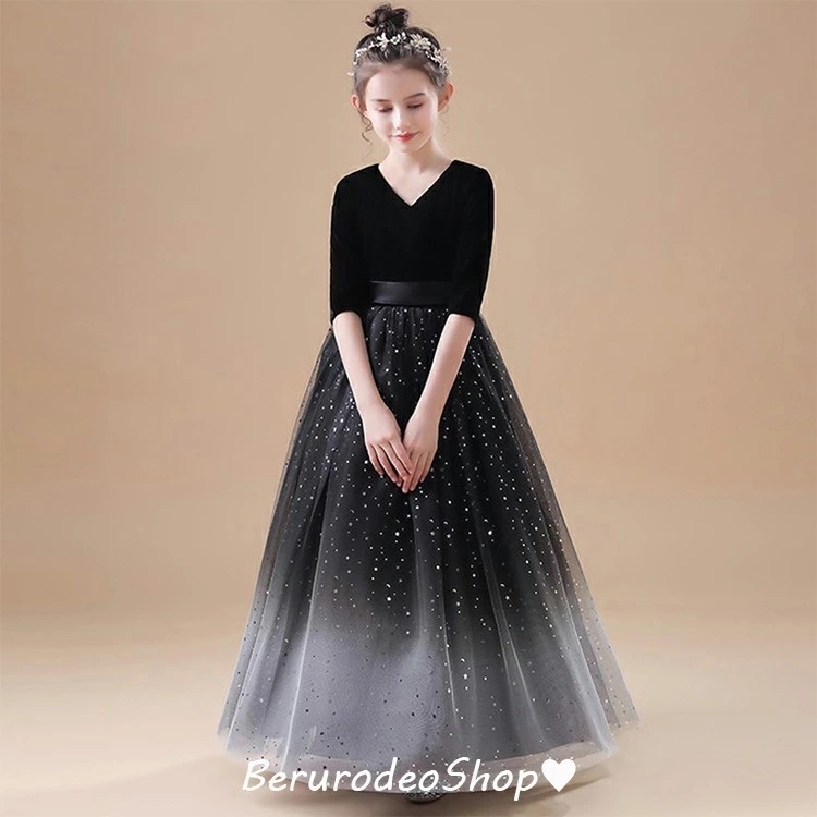 子供ドレス ピアノ発表会 ベロア ベルベット ロングドレス 女児ドレス 黒 ネイビー 女の子ドレス 演奏会ドレス ブラック 紺色 7分袖 キッズドレス 子どもドレス 演出服 入学式 卒業式 100-1