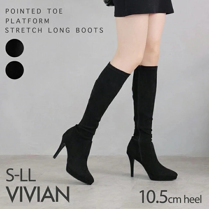 【10月下旬入荷予約】25年秋冬再販 ブーツ レディース ポインテッドトゥ プラットフォーム ストレッチ ロングブーツ 10.5cmヒール 細ヒール ピンヒール ブラック 黒 スエード