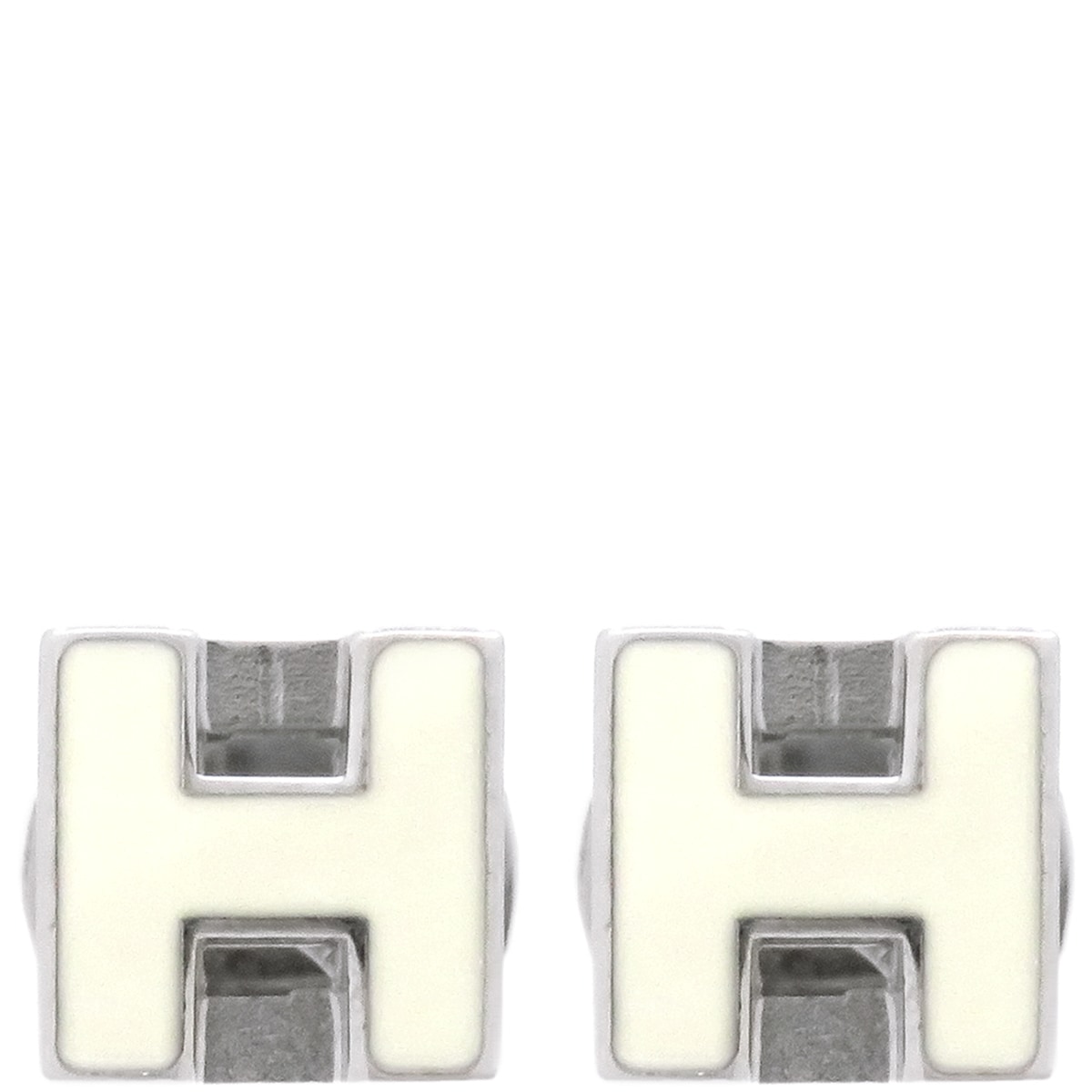 エルメス HERMES ピアス カージュ ド アッシュ Hキューブ メタル エナメル ホワイト×シルバー シルバー金具【中古】