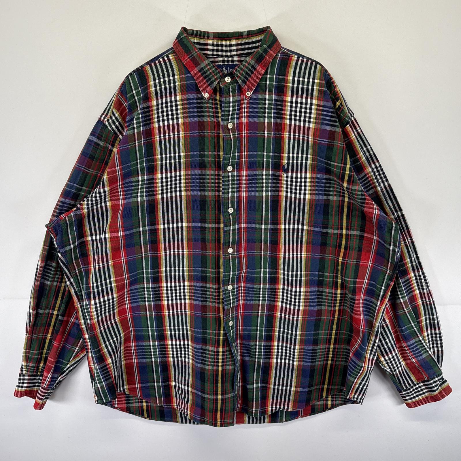 古着 90s/90年代 長袖 ヘビーネルシャツ ワンポイントロゴ刺繍 ボタンダウン XXL レッド メンズ