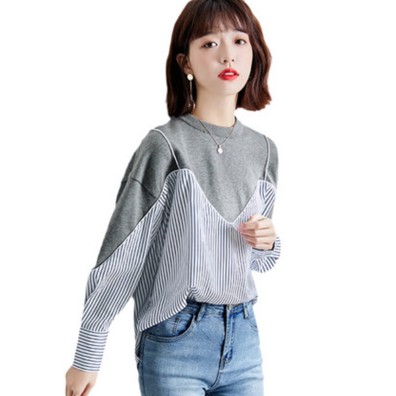 トップス Tシャツ セーター レディース 長袖Tシャツ フェイクツーピース 長袖 長袖セーター ステッチボタン ラウンドネック オフィス ビジネス OL 通勤 大人可愛い きれいめ 大人 上品