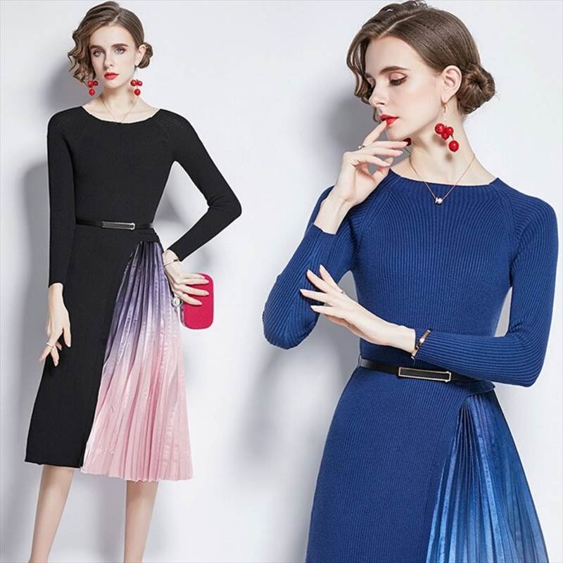 ニット ワンピース 膝丈 ミモレ丈 ドレス 長袖 部分プリーツ 切り替えデザイン 個性的 お洒落 かっこいい グラデーション カジュアル パーティードレス シック ウエストマーク 華やか 袖あり 春