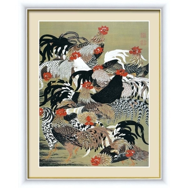 [若冲 鳳凰 旭日][動植綵絵額]群鶏/白鳳/鶏伊藤若冲 額装品（白）F4号 群鶏図