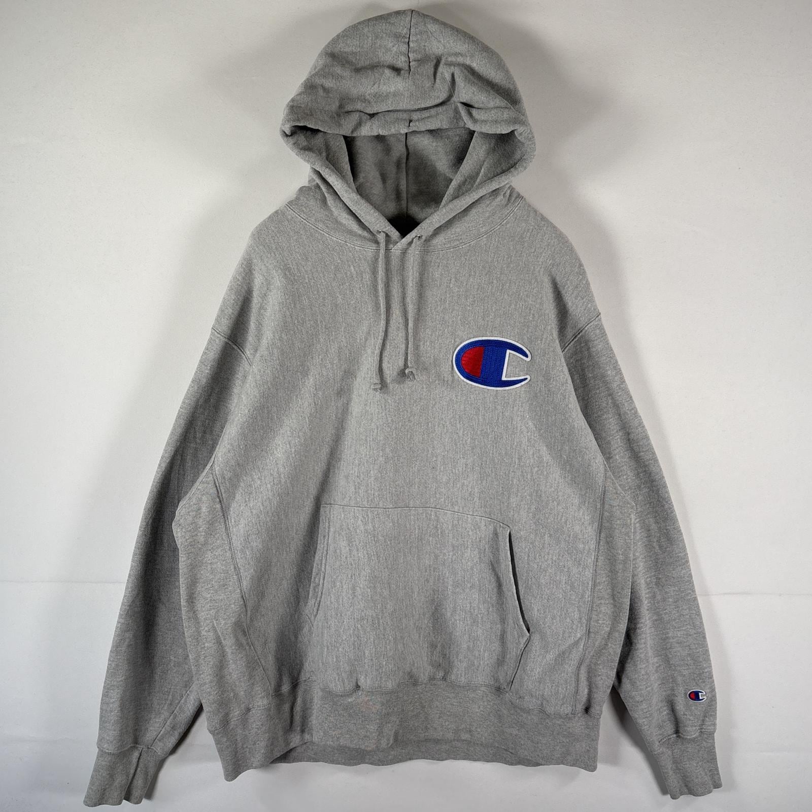 古着 パーカー リバースウィーブ スウェット 大きいサイズ プルオーバー ビッグロゴ ワッペン XL グレー メンズ