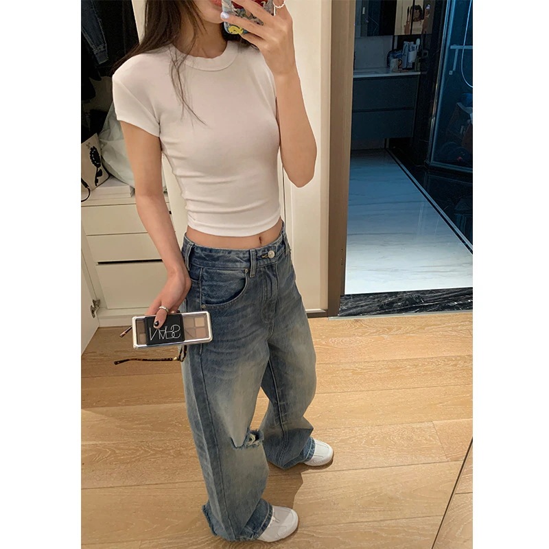 Nantao レトロ ウォッシュ ハイウエスト リップド ジーンズ レディース 2024 春 ルーズ ドレープ フロアモッピング ワイドレッグ パンツ