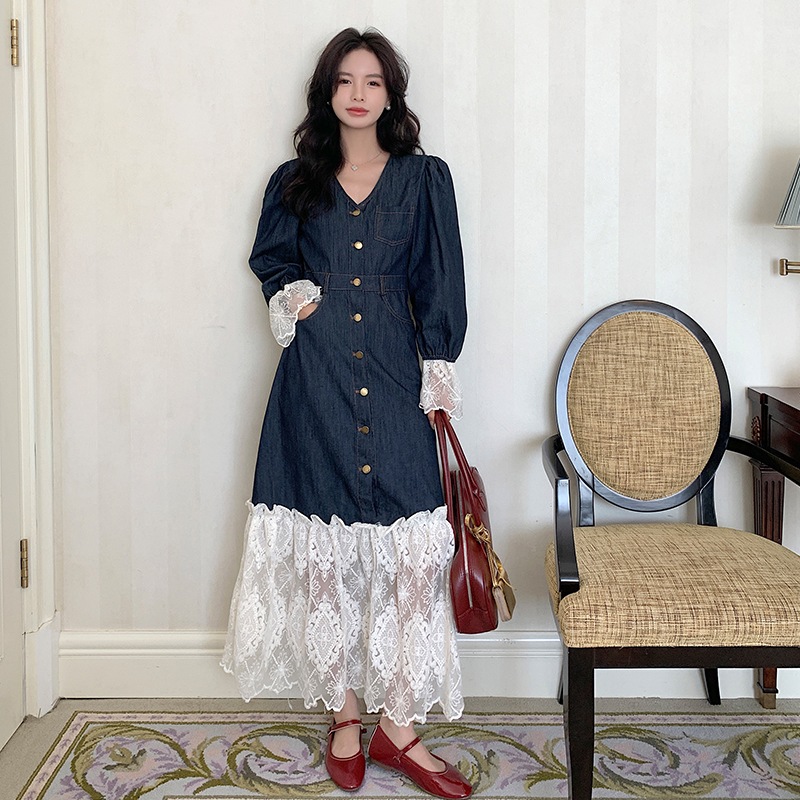 Fei Er ドレス春レトロデニム気質ウエスト長袖レーススプライシングパフスリーブロングスカート