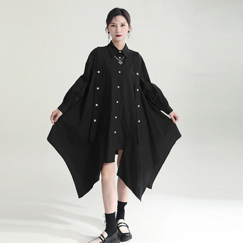 シンプル 紐飾り ワンピ スリット 非対称 シャツワンピース 体型カバー チュニック 2way着用30%までに制限