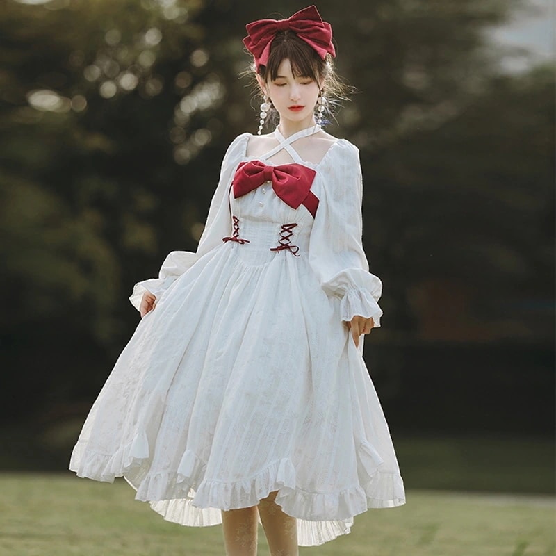 オフショルダーにもなる2way仕様 赤い胸リボン ロリータワンピース ロリータドレス 甘ロリ 姫ロリ
