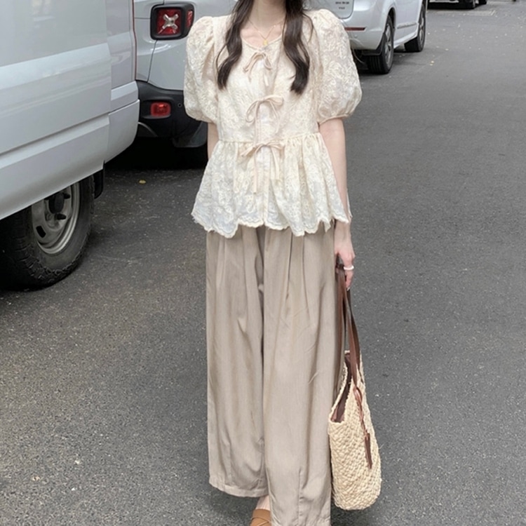 2点セット ブラウス 5分袖 パフスリーブ プルオーバー ミディアム丈 パフスリーブ リボン ワイドパンツ ウエストゴム 可愛いかわいい 大人可愛い きれいめ シンプル 上品 おしゃれ レトロ