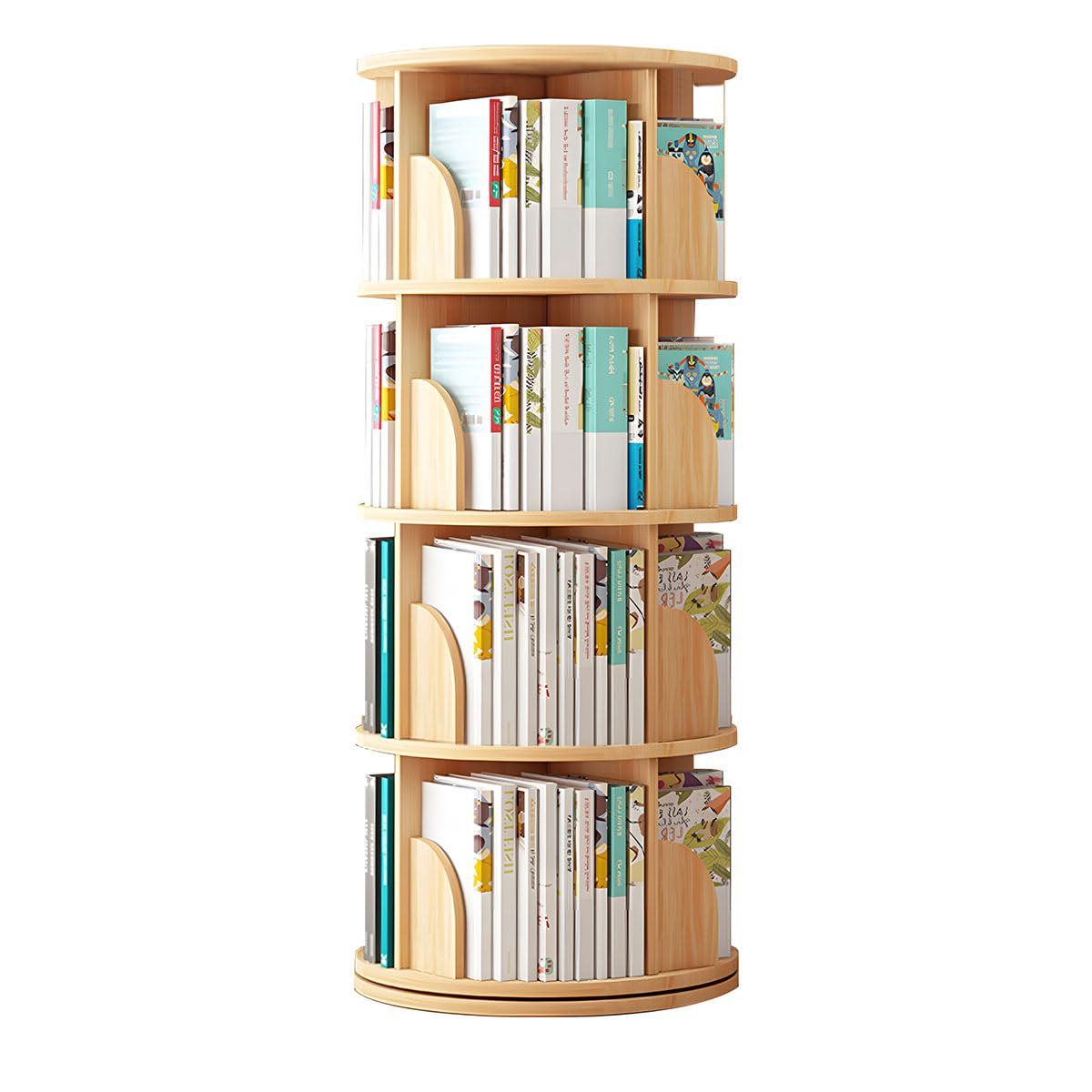 Yumcute 本棚 回転式本棚 【天然木】 4段 大容量 スリム コミックラック 絵本棚 漫画 収納 回転ラック ブックシェルフ 収納棚 CDラック DVDラック 天板に物が置ける