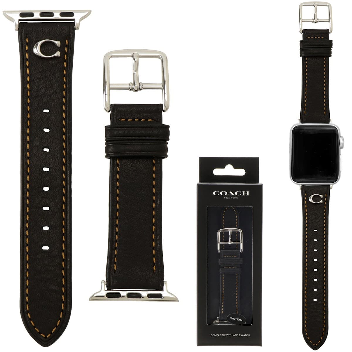 コーチ アップルウォッチ用 替えベルト COACH レディース ストラップ (38mm/40mm/41mm ケース対応 ベルトのみ) Cロゴ カーフスキンレザー ストラップ ブラック 交換バンド 付