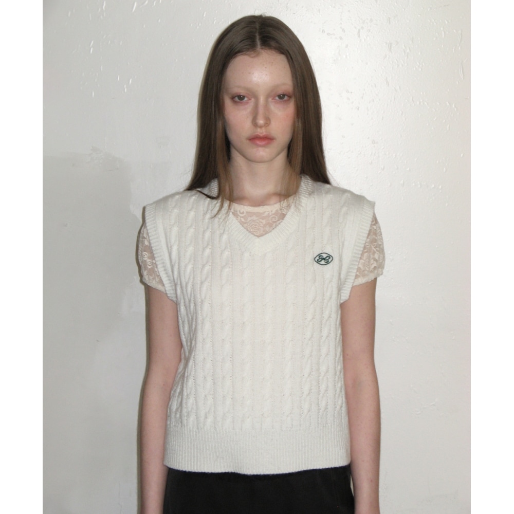 SINOON フィッシャースリットケーブルニットベスト (ホワイト)