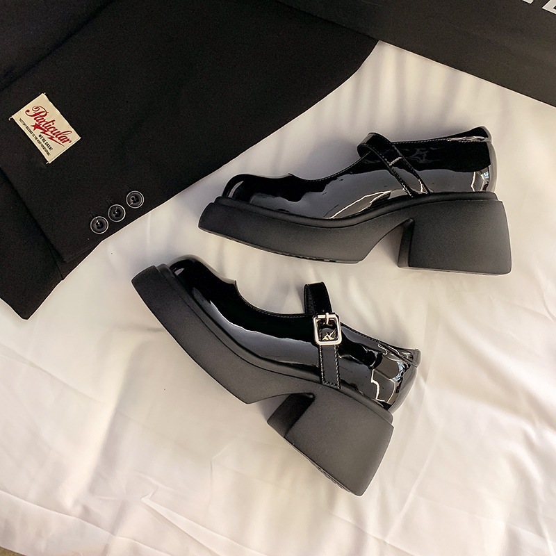 本革厚底メリージェーンシューズ レディース 2023新作 黒白 万能 おしゃれ 太めヒール カレッジスタイル ハイ