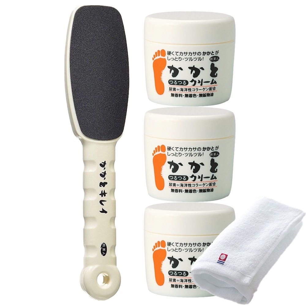 正規販売代理店 定価より10%OFF かかとつるつるクリーム 100g 3個 かかとキレイ セット 今治タオル付き かかとクリーム やすり かかと 肘 膝 クリーム 温泉コスメ 旅美人