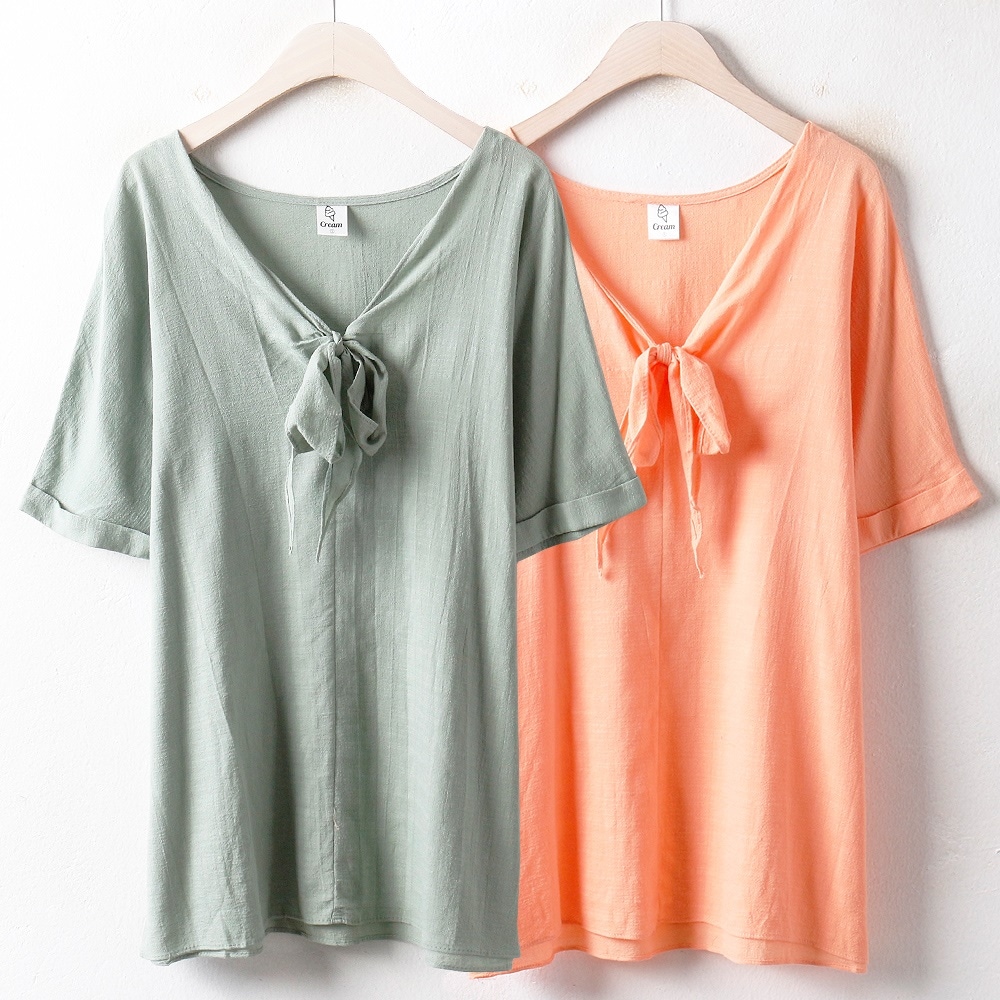 韓国ファッション大きいサイズCRコーラルリボンブラウス（2723H807）ビッグ女性服ロングルーズフィット korea fashion bigsize