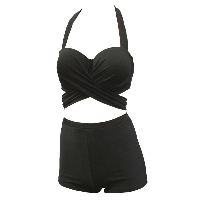 水着 ビキニ レディース セパレート 夏 レトロ ホルターネック Eカップ クロス ハイウエスト ワイヤー 胸パッド 大きいサイズ 温泉 プール シンプル 黒