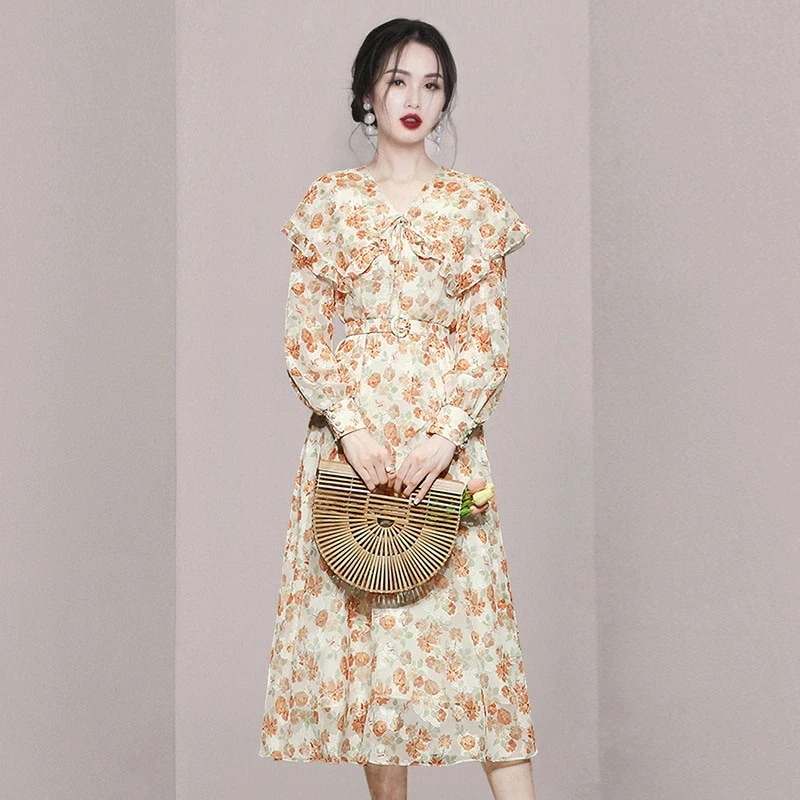 レディース ラージカラー ウエストシェイプ フレアスカート フラワープリント エレガントワンピース 大人可愛い 街歩き お出かけ カフェ きれいめ ロングドレス