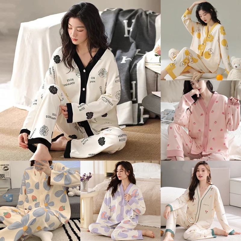 女性用プリントパジャマセット,Vネックカーディガン,長袖,ロングパンツ,春と秋,2個