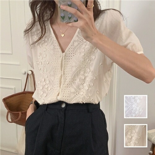 ブラウス シャツ 韓国 ファッション レディース 春 夏 カジュアル コーデ シンプル 定番 セレカジ 20代 30代 40代 2025 立体フラワー パンチングレース フェミニン
