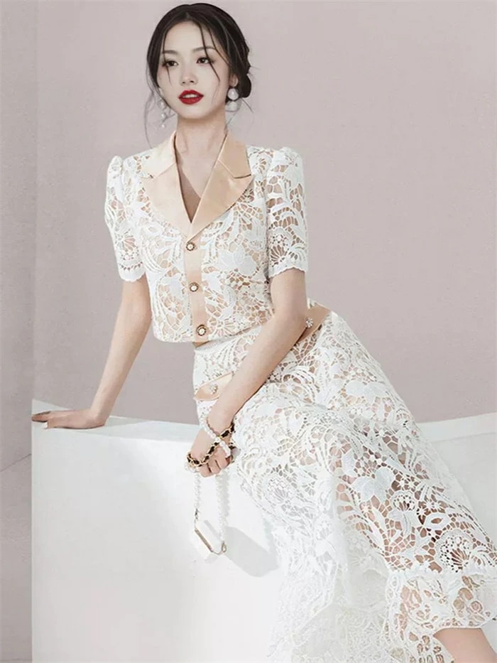 大安売りレディース セットアップ スカートセットアップ テーラードカラー 総レース 半袖 トップス フレア ロング スカート スーツ 大人 お嬢様 きれいめ 大きいサイズ