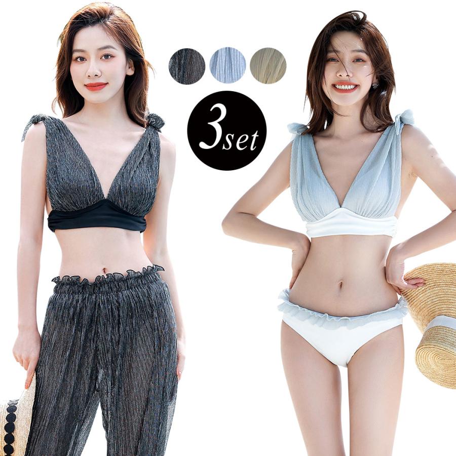 水着 レディース ビキニ 3点セット 体型カバー シアーパンツ セパレート おしゃれ 可愛い 大人 無地 シンプル