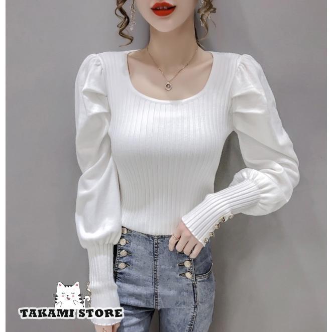 袖ボタン スクエアネック ニット トップス レディース 長袖 リブニット シンプル 白 黒 おしゃれ 上品 20代 30代 40代 春 秋