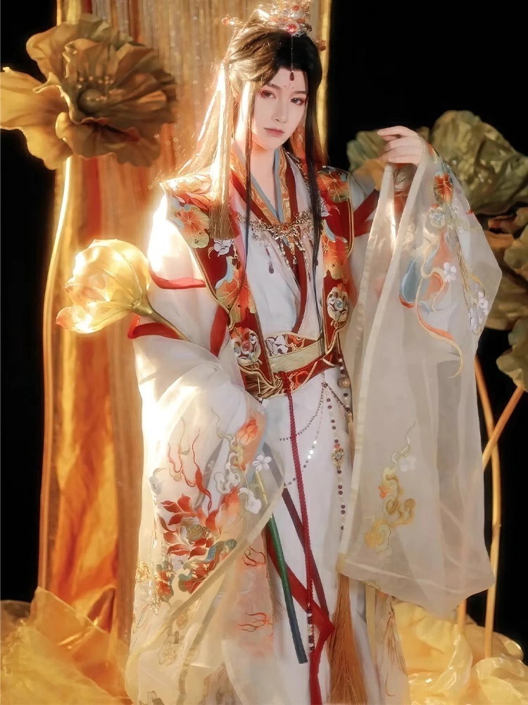 ゴージャスな漢服 コスチューム 5点セット 豪華 男女兼用 カップル お揃い 花神 武神 花刺繍 刺しゅう 飄逸 伝統衣装 コスプレ衣装 ハロウィン 学園祭 文化祭 チャイナ服 中国古代衣装 仮装 漢