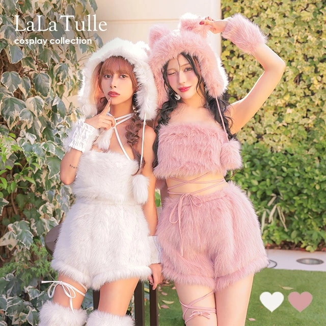 【即日発送】 ハロウィンコスプレ ふわふわ ベア 熊 コスプレ 6点セット アニマル ピンク 白 レース リボン セットアップ もこもこ 2way ガーリー ツイン ミニドレス くま 熊耳 レディー