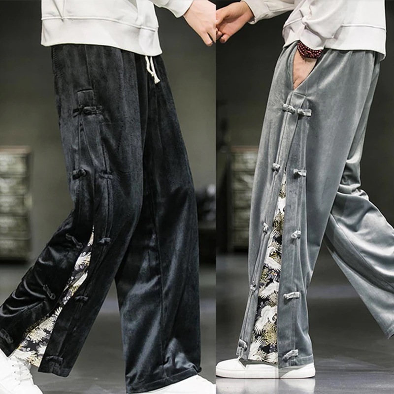 チャイナ風ズボン ワイドパンツ メンズ 鶴プリント 厚手 チャイナボタン 大きいサイズ ベルベット