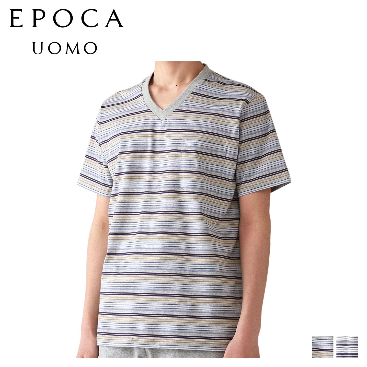 Tシャツ 半袖 カットソー メンズ Vネック ボーダー グレー ネイビー 0385-37