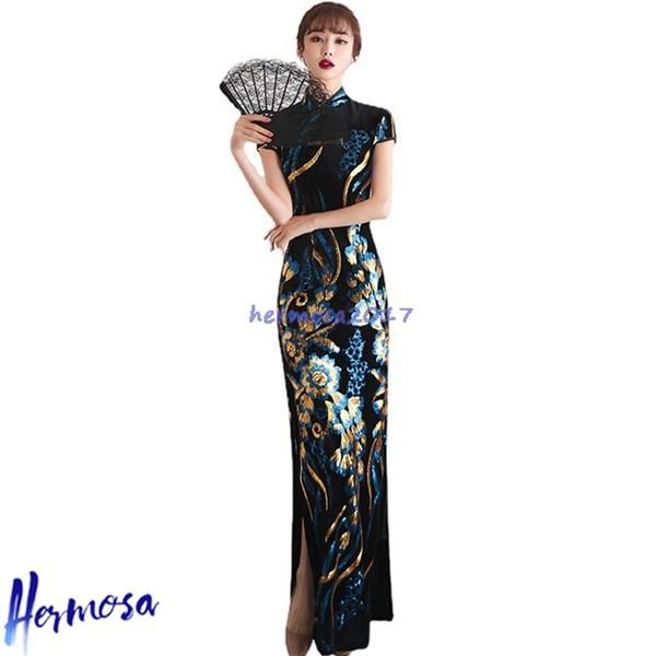 最短出荷 レディース ロング丈チャイナドレス チャイナ服 花柄 プリント ファッション 中華風 ドレス スリット アップグレード チーパウ 学園祭