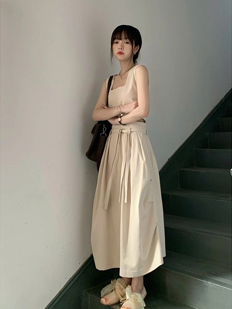 セットアップ ノースリーブ ハイウエスト ワイドスカート フレアスカート ロング ノースリーブ ワイド プリーツ 綿 上下セット ツーピース 大人可愛い カジュアル おしゃれ レトロ こなれ感 個性的