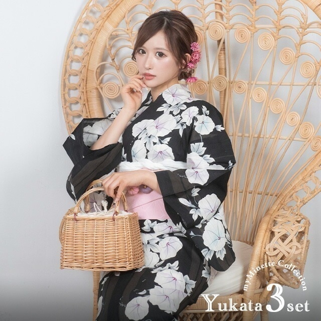 【即日発送】ゆかた 花柄 3点セット 浴衣 ギャル 作り帯 or 平帯 下駄 浴衣セット ブラック 朝顔 帯 レトロ キャバ 女性 和装 和服 上品 激安 安い 可愛い セット かわいい 大人 高校生 6,452円