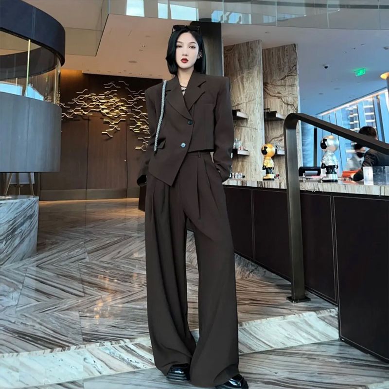 韓国ファッション おしゃれ イレギュラー スーツ ワイドパンツ セット 流行り 汎用性が高い 気質 着痩せ 質感 感 二点セット