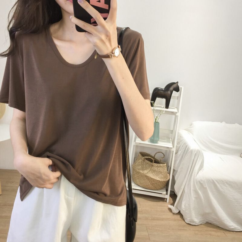 レディース トップス Tシャツ シャツ プル 半袖 ラウンドネック 襟なし かわいい シンプル カジュアル おしゃれ こなれ感 ラフ ベーシック 無地 アプリコット ブラック M L 春 夏 学生 O