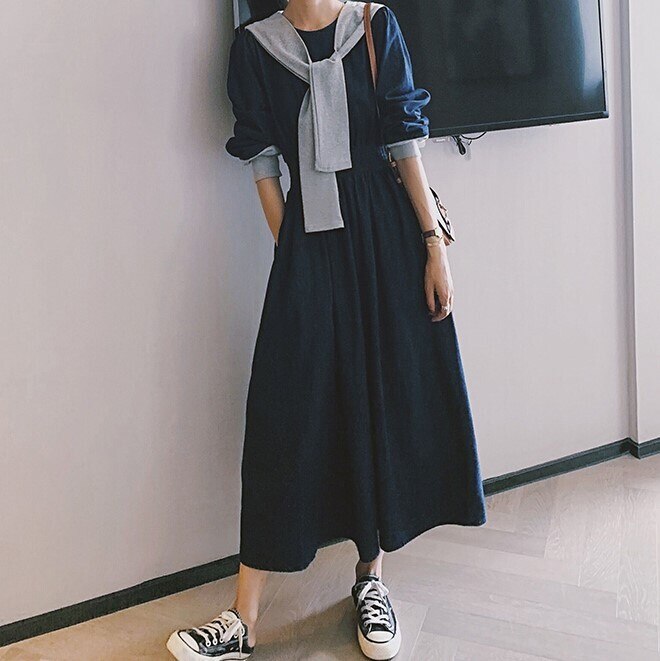 レディース デニムワンピース フレアワンピース ひざ下 ひざ下ワンピース 長袖 ラウンドネック