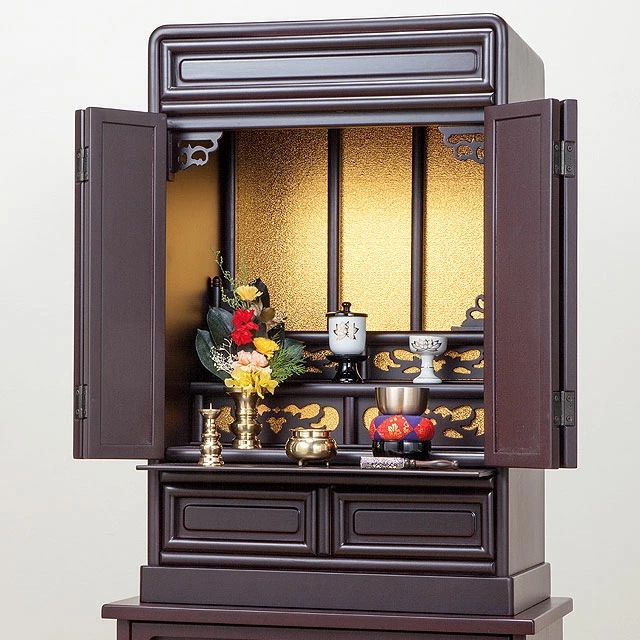 【紫檀調上置仏壇】だるま型 透かし彫り 折れ戸式 省スペース 高さ71cm 23号 小型仏壇 コンパクト ミニ仏壇 和室 洋室 扉全開 飾りやすい モダン仏壇 御仏壇 御供養台 完成品 仏具別売