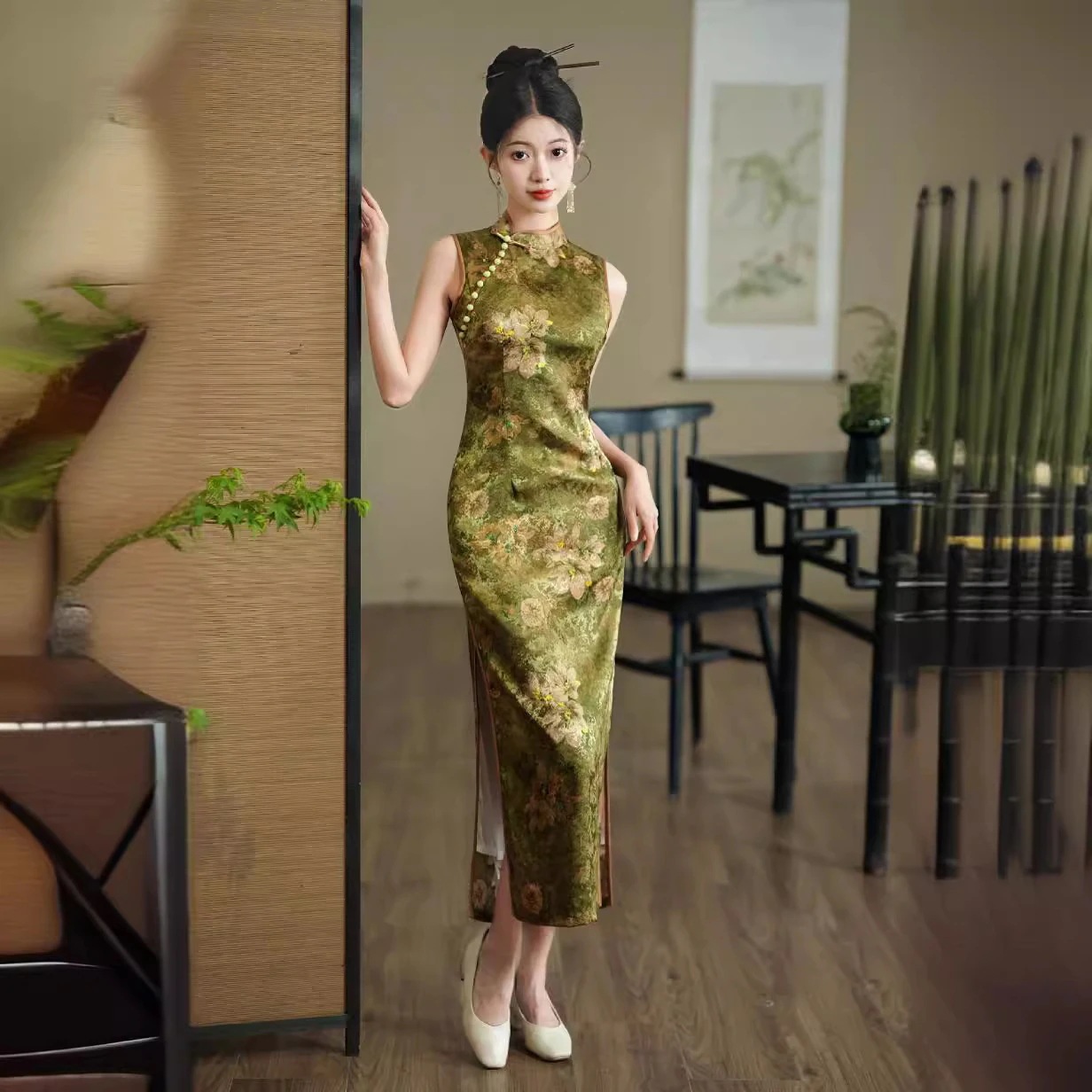 チャイナドレスレトロロング二重層ヤングジャカードスリムドレス改良チャイナドレス