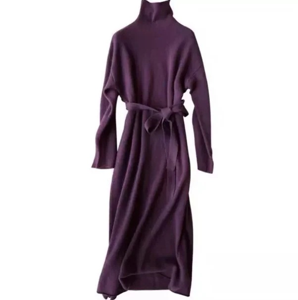 ワンピース セーター 袖あり 長袖 タートルネック 襟付き デザイン 美ライン ニュアンス ベルト ウエストマーク 伸縮性 ニット カラバリ かわいい 大人可愛い きれいめ シンプル カジュアル 大人