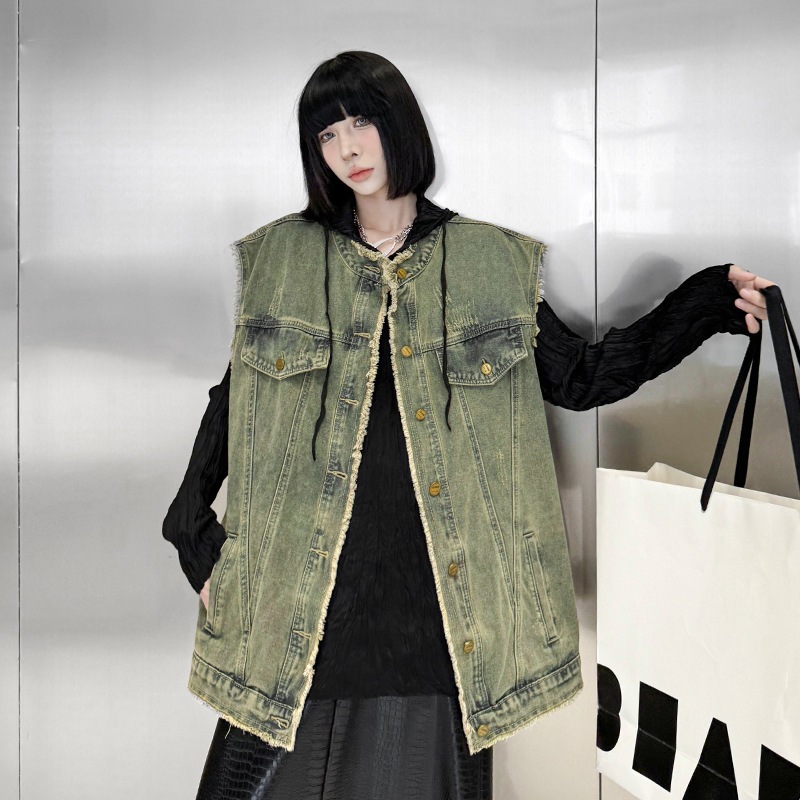 【Noir Mode】高級感溢れる 上品 デニム ベスト ルーズ ベスト ジャケット