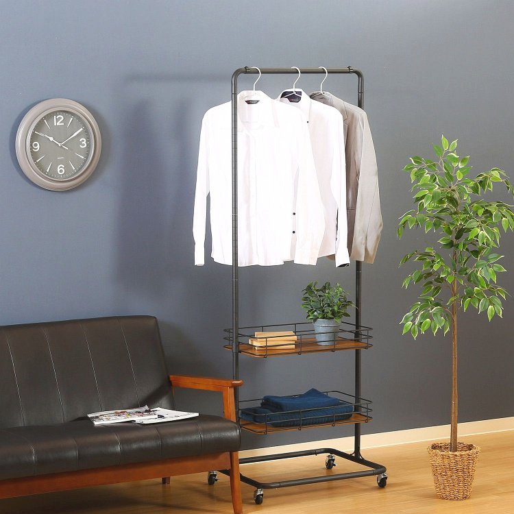 ハンガーラック おしゃれ 棚付き キャスター付き 幅60×奥行45×高さ167cm ブラック
