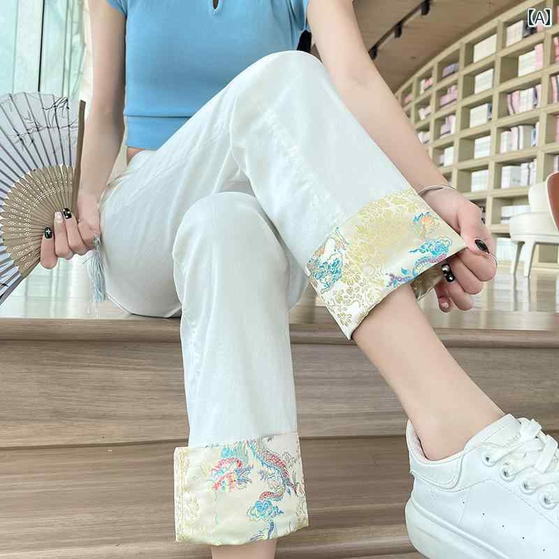 ボトムス レディース デニム パンツ 夏 ハイウエスト スリム クロップド丈 ストレート ジーンズ 薄手 涼しい ステッチ 刺繍 中国風 個性 おしゃれ 白 龍柄