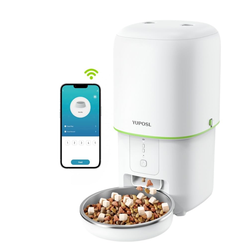 Yuposl 自動給餌器 5G WiFi スマホ遠隔操作 音声録音 定時定量 自動餌やり機 4L容量 2WAY給電 手動給餌 猫 中小型犬用 ステンレス製ボウル お手入れ簡単 犬用 ペット 給餌器 ア