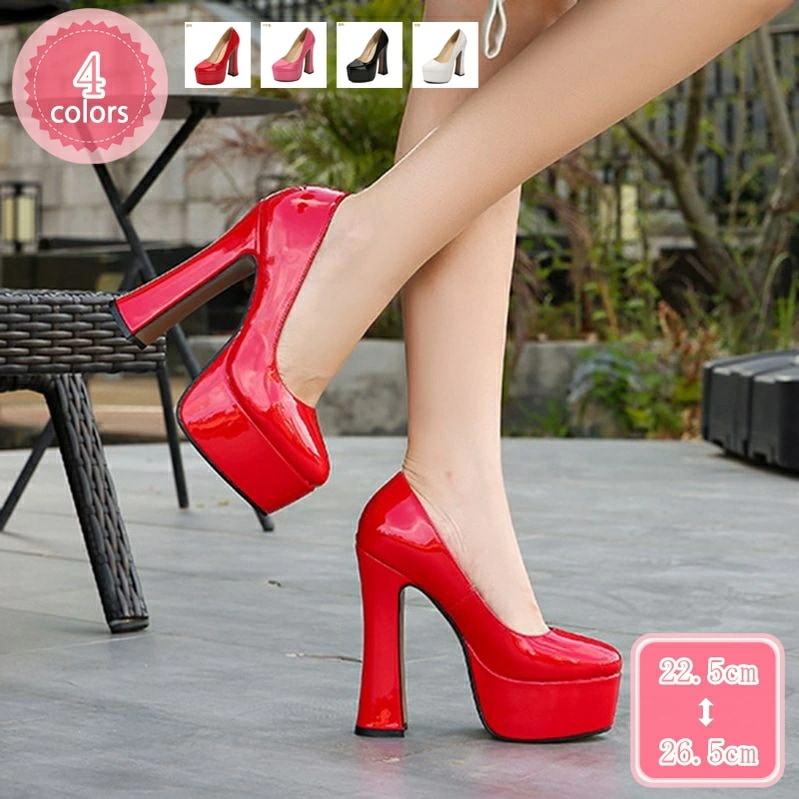 1000円OFFクーポン パンプス 厚底 エナメル調 太めヒール 超ハイヒール ストーム 前厚 痛くない サンダル パーティーシューズ 結婚式 通勤 通学 オフィス フォーマル 美脚 安定感 クッショ 15,407円