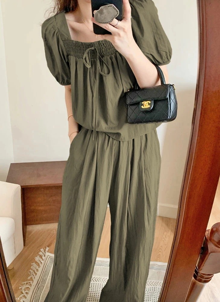 【急速出荷!】セットアップ スクエアネック パフスリーブ ブラウス トップス ワイド パンツ 上下 セット ロングパンツ 長ズボン 楽ちん ゆったり きれいめ カジュアル フェミニン 夏 おしゃれ 可