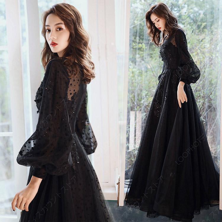 イブニングドレス ロングドレス 黒 パフスリーブ 長袖 発表会ドレス ブラック キラキラ スパンコール 花柄 ビーズ キレイめ パーティードレス-24
