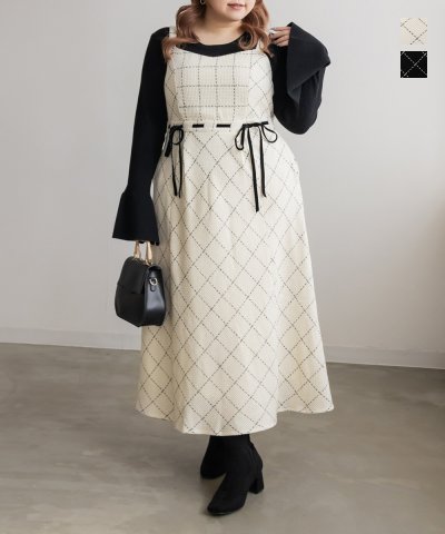 大きいサイズ レディース LL 3L 4L XL XXL XXXL CLETTEオリジナルステッチチェックウエストリボンワンピース
