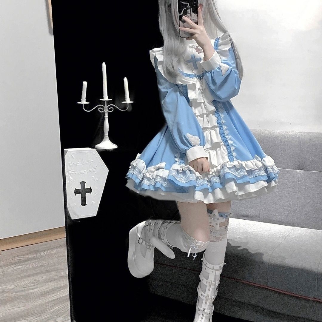 サンタコスプレ シスター服 ロリータブルーホワイトワンピース 可愛らしい30%までに制限
