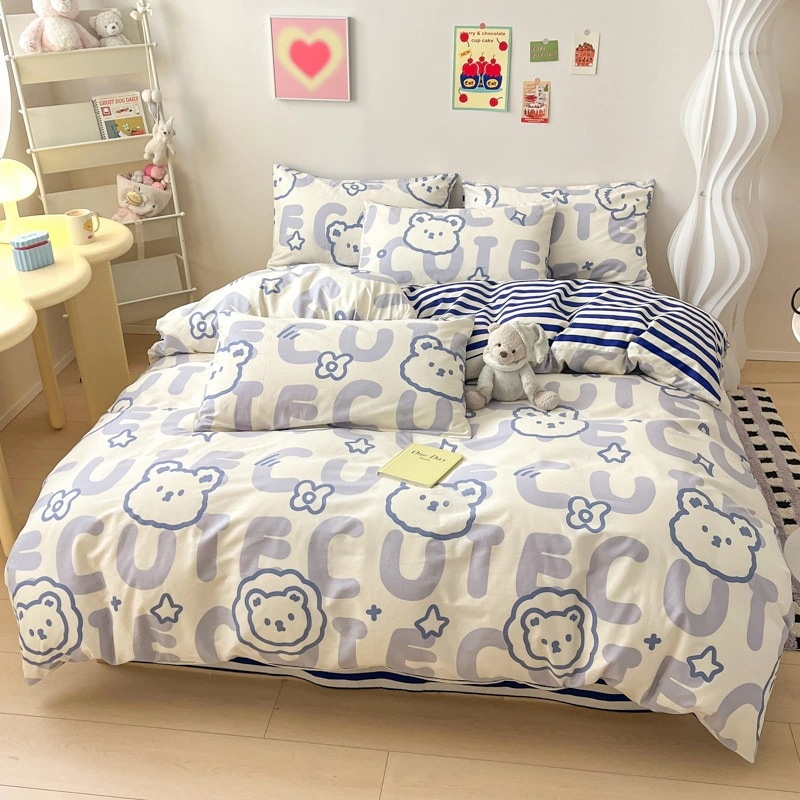 布団布団セットベッドシーツ 寮3点セット 純綿寝具 新鮮な漫画キルトカバー 純綿4点セット ベッドシーツ